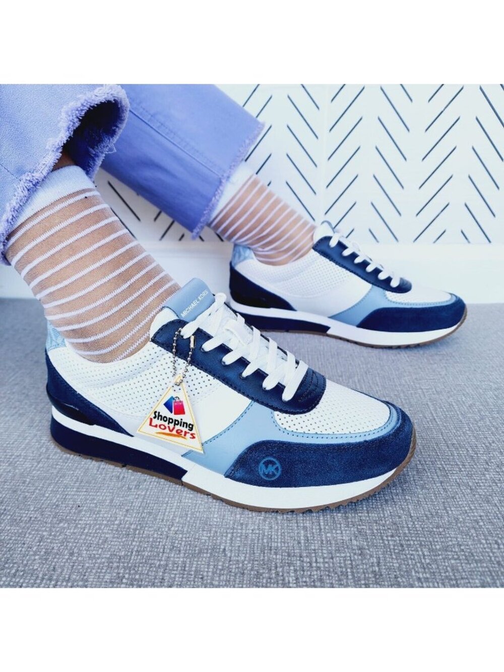 🤩Michael Kors 7.5 Women Casual Shoes Andi Trainer tracvSneakers Navy Cream Sued